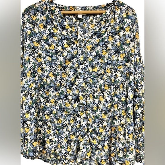 J.Jill Smocked Relaxed Rayon Blouse Navy Blue Ditsy Floral Print XL Long Sleeved - Picture 3 of 7